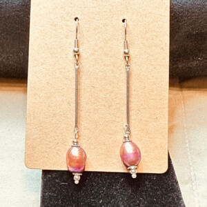 Stainless Steel Hook Earrings w/Long Bar & Freshwater Pearls Handmade